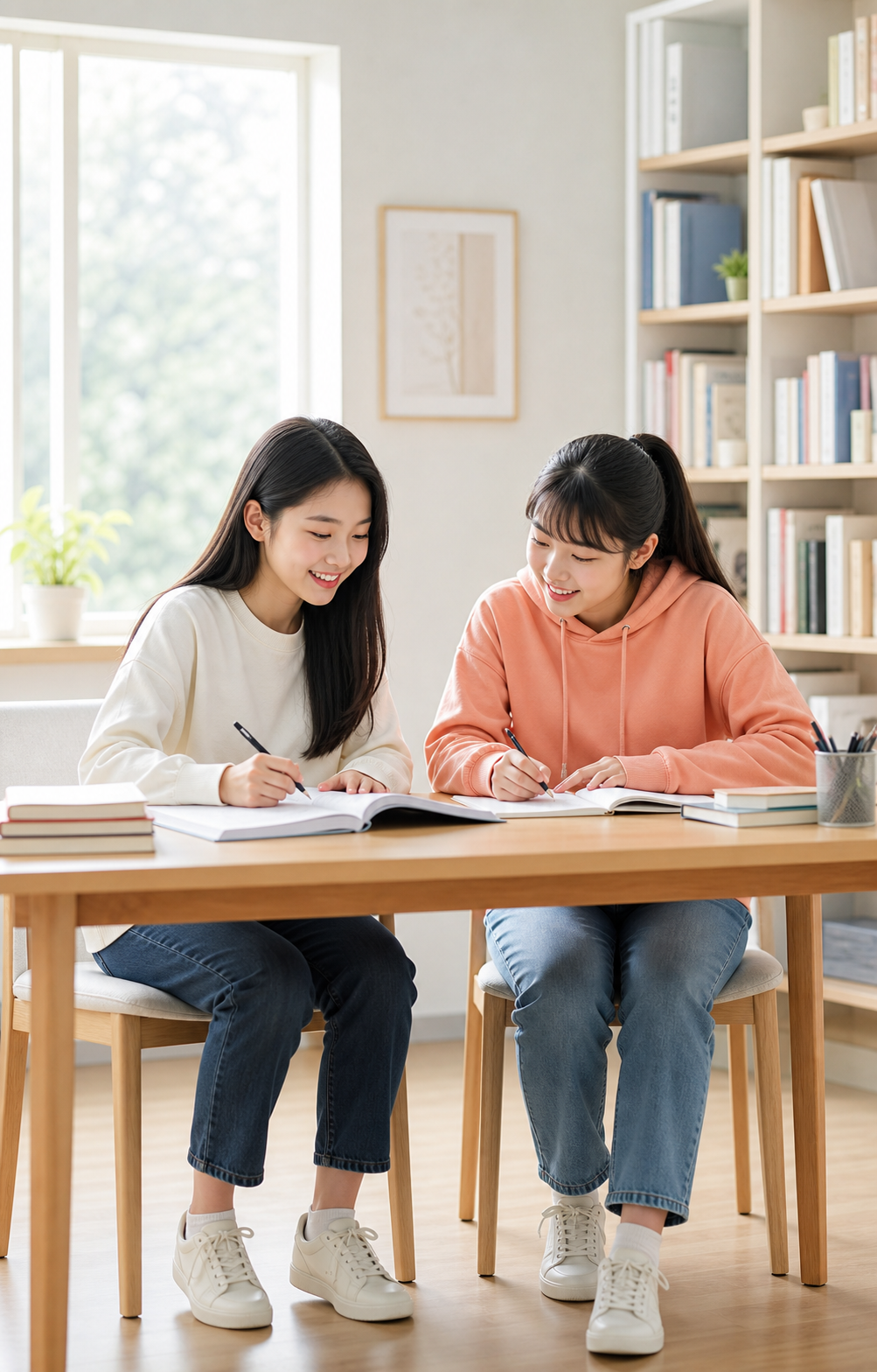 밝은 학습 공간에서 함께 공부하는 두 여학생